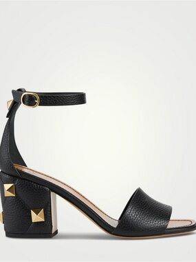 Valentino Roman Stud Black Leather Block Heel Sandals with Gold Accents